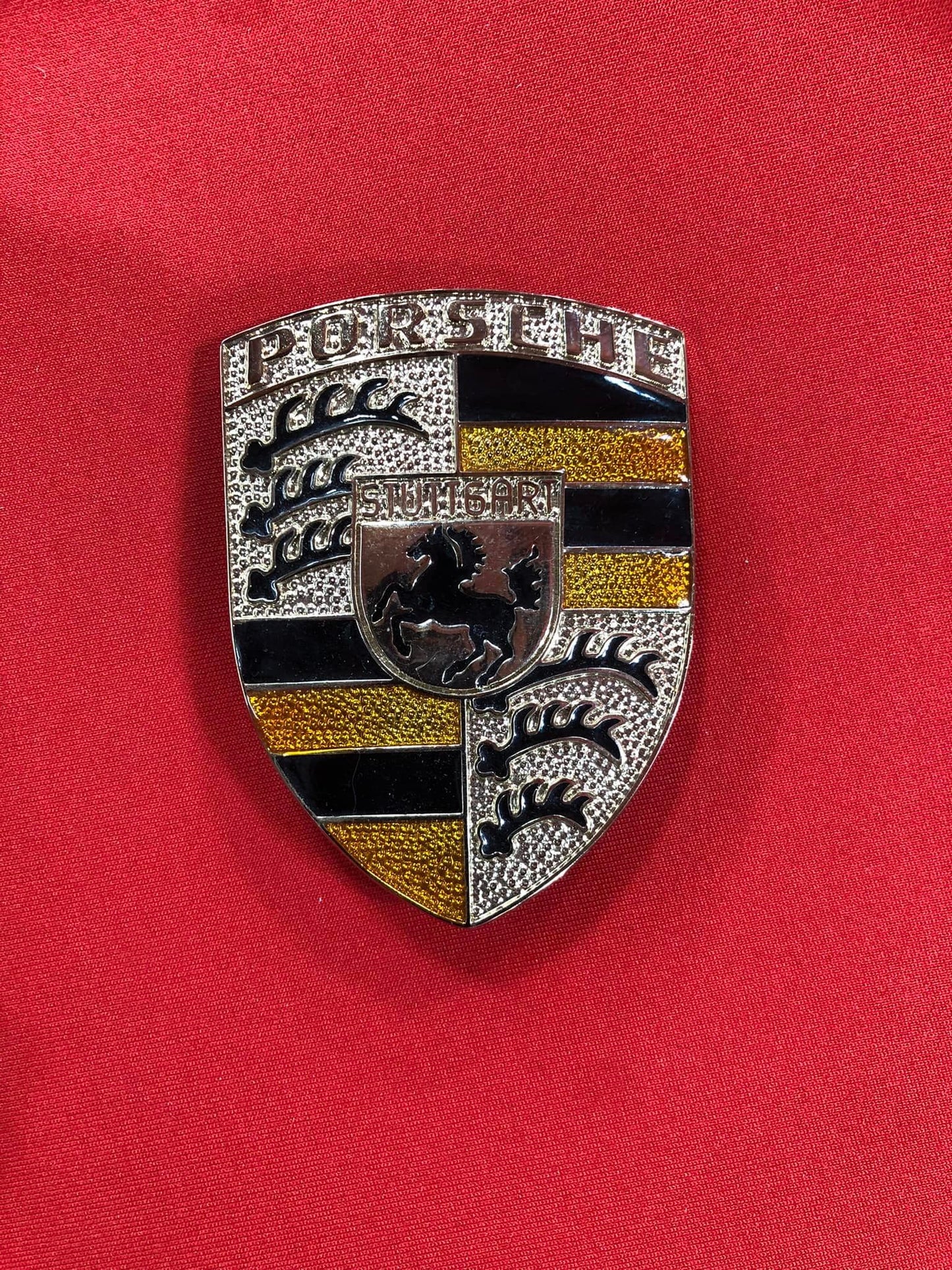 Porsche Bonnet Badge Crest Custom 1 off Exclusive Design Colours Golden Yellow Gel
